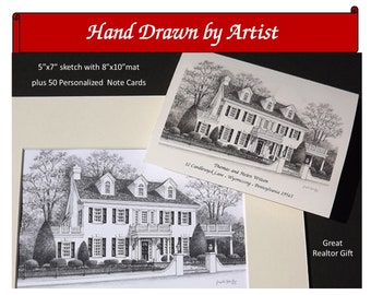 Custom Home Portrait Closing Gift for Sellers or Buyers- 5x7 Pencil Sketch and 50 Note Cards Original  Drawing  Housewarming Realtor Gift