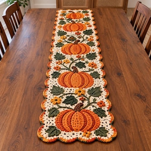 Pode incluir: Um caminho de mesa retangular de crochê com um padrão repetitivo de abóboras laranja, folhas verde-escuras e pequenas flores amarelas sobre um fundo creme. O caminho tem uma borda festonada com detalhes em fios laranja e verde.