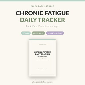 Może przedstawiać: Cyfrowy dokument Chronic Fatigue Daily Tracker z tekstem Pixel Papel Studio, Chronic Fatigue Daily Tracker, Track. Pace. Protect your energy. Zawiera etykiety dla 22 stron, A4 + US Letter oraz natychmiastowe pobieranie.