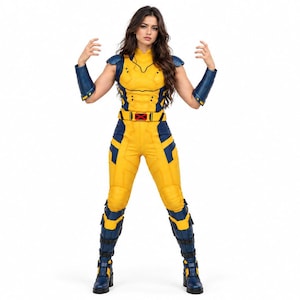May include: A yellow and navy blue full-body jumpsuit featuring a high collar, shoulder armor, and a belt with a red X-shaped buckle. The outfit includes matching navy blue forearm gauntlets and knee-high boots with buckle straps.