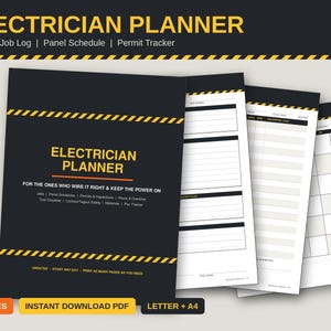 May include: An Electrician Planner printable PDF set featuring a dark gray cover with yellow hazard stripes, text reading Electrician Planner, and sections for job logs, panel schedules, and permit trackers in Letter and A4 sizes.