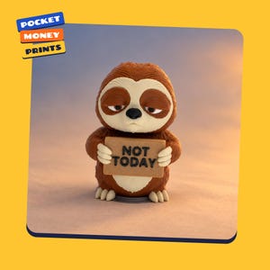 May include: A brown and cream-coloured sloth figurine with a textured surface, holding a rectangular tan sign that reads NOT TODAY in black letters. The sloth has a sleepy expression with heavy eyelids and a small black nose, standing on a base.