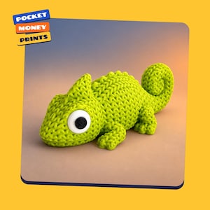 May include: A lime green 3D printed chameleon figurine with a textured, knit-like surface pattern and a large white eye featuring a black pupil. The text POCKET MONEY PRINTS is visible in the upper left corner on a blue and orange rectangular logo.
