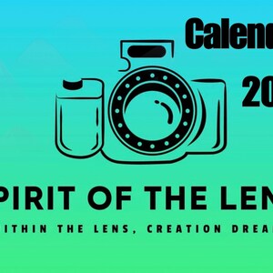 May include: A 2027 calendar with a gradient blue to green background. It features a black line-art illustration of a camera in the centre. The text reads: Calendar 2027, SPIRIT OF THE LENS, and WITHIN THE LENS, CREATION DREAMS.