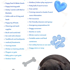 May include: A New Puppy Shopping Checklist with a list of items including food bowls, training pads, and crates. The document features a blue heart icon, a blue paw print illustration, grey bone graphics, and a photo of a brown puppy at the bottom.
