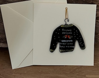 Tarjeta navideña con jersey festivo de vidrio fusionado, recuerdo desmontable hecho a mano.