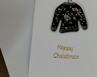Tarjeta navideña con jersey festivo de vidrio fusionado, recuerdo desmontable hecho a mano.