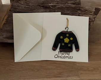 Tarjeta navideña con jersey festivo de vidrio fusionado, recuerdo desmontable hecho a mano.