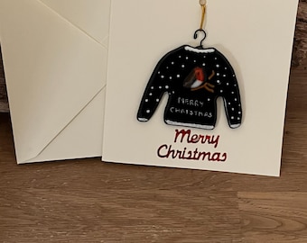 Tarjeta navideña con jersey festivo de vidrio fusionado, recuerdo desmontable hecho a mano.