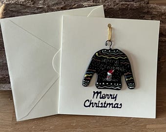 Tarjeta navideña con jersey festivo de vidrio fusionado, recuerdo desmontable hecho a mano.