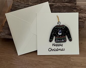 Tarjeta navideña con jersey festivo de vidrio fusionado, recuerdo desmontable hecho a mano.