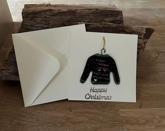 Tarjeta navideña con jersey festivo de vidrio fusionado, recuerdo desmontable hecho a mano.
