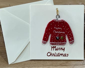 Tarjeta navideña con jersey festivo de vidrio fusionado, recuerdo desmontable hecho a mano.