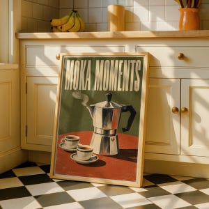 May include: A framed wall art print titled MOKA MOMENTS featuring a silver stovetop espresso maker and two small white coffee cups on a red circular table against a dark green background, displayed in a kitchen setting.