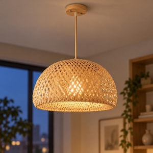 Può includere: Una lampada a sospensione a forma di cupola con un paralume in bambù intrecciato dal colore marrone chiaro naturale. La lampada è appesa a un supporto da soffitto circolare in legno coordinato tramite un'asta sottile e dritta, emettendo una luce calda.
