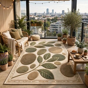 May include: A rectangular area rug featuring a cream-colored background with a central botanical motif of green and brown leaves and circular shapes. The rug has a decorative border and is placed on a balcony floor with a city skyline in the background.