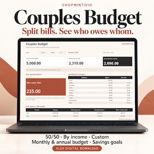 May include: A laptop screen displaying a digital couples budget spreadsheet with the text SHOPMINTIVIO, Couples Budget, Split bills. See who owes whom., and 50/50 . By income . Custom Monthly & annual budget . Savings goals XLSX DIGITAL DOWNLOAD.