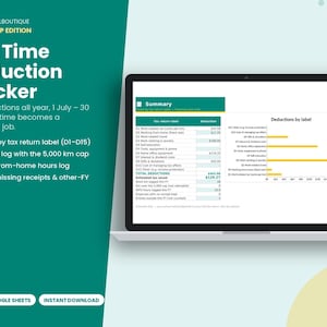 Peut inclure: Un outil numérique de suivi des déductions fiscales affiché sur un écran d'ordinateur portable. L'interface présente un tableau récapitulatif avec des étiquettes D1 à D15, un graphique à barres et du texte détaillant les fonctionnalités de suivi.