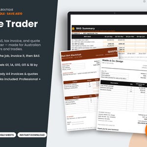 Pode incluir: Um kit digital para trabalhadores independentes com um resumo BAS num ecrã de portátil, juntamente com modelos impressos de orçamentos e faturas. Os documentos contêm campos para detalhes do cliente, descrições de trabalho e totais.