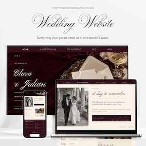 May include: A digital display of a wedding website template shown on a desktop monitor, a laptop, and a smartphone. The design features a deep burgundy and cream colour palette with elegant script typography, displaying the names Clara and Julian.