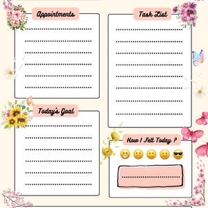 Peut inclure: Une page de planificateur quotidien sur fond crème, ornée de fleurs de cerisier roses, de tournesols et de papillons. Elle comprend des sections pour les rendez-vous, les tâches, les objectifs, l'humeur avec des émojis et des notes, avec le texte Daily Planner.