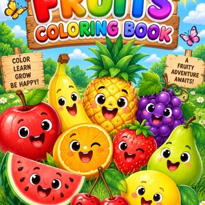 Peut inclure: Un livre de coloriage Fruits avec un titre sur panneau en bois, illustrant des fruits en dessin animé comme une pastèque, pomme, banane, ananas, raisin, fraise, poire, orange, citron et cerises sur une pelouse avec arc-en-ciel et soleil.