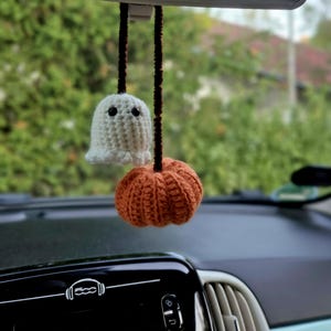 Könnte beinhalten: Ein gehäkeltes Auto-Accessoire bestehend aus einem kleinen weißen Geist mit schwarzen Augen und einem strukturierten orangefarbenen Kürbis, die an dunkelbraunen Pfeifenreinigern am Rückspiegel hängen.