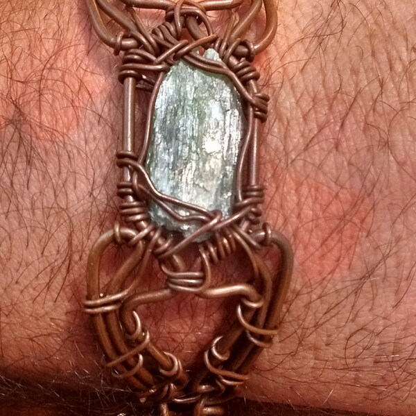 Green kyanite wire wrapped copper bracelet, handmade green kyanite bracelet, kyanite metaphysical jewelry, hippie gypsy kyanite bracelet