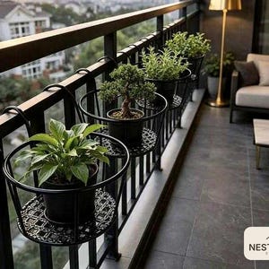 Peut inclure: Une série de supports de plantes circulaires en métal noir conçus pour être suspendus à une rambarde de balcon. Chaque support présente une base en maille décorative et un cadre robuste, accueillant des plantes vertes en pot.
