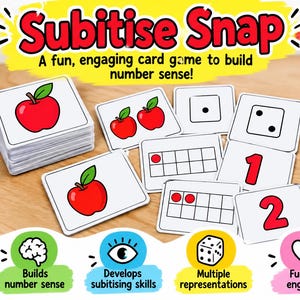 May include: A Subitise Snap card game set featuring white cards with red apple illustrations, black dots, ten-frame grids with red counters, and red numerals. The game includes instructions titled How to play and five colourful icons at the bottom.