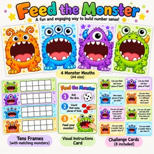 Könnte beinhalten: Ein Feed the Monster Lernset mit vier A4-Monstermaulkarten, vier Zehnerfeld-Karten mit passenden Monstern, einer visuellen Anleitungskarte mit drei Schritten und acht Herausforderungskarten mit Textaufforderungen zur Zahlenbildung.