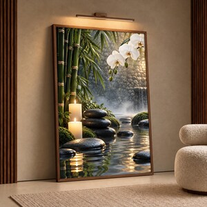 Canvasprint van een zen-tuin, muurdecoratie met witte orchideeën, schilderij van bamboe voor een spa, meditatiedecoratie met gestapelde stenen, rustgevende natuurkunst, cadeau voor de yogakamer