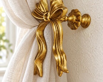 Gordijnhouder met messing strik, vintage gouden lint wandhaak, Franse landelijke gordijnaccessoires, decoratieve kapstok en handdoekhanger, Coquette Decor