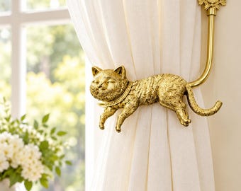 Brass Cat Curtain Holdbacks, Pair of Handmade Lost Wax Tieback Hooks, Vintage Style Animal Wall Hooks for Living Room & Bedroom Window Decor