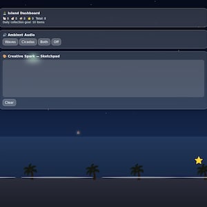 May include: A digital dashboard interface titled Tropical Living Island featuring a real-time clock, daily focus, to-do list, habit shells, mood tide check-in, wave focus timer, ambient audio controls, a sketchpad, dopamine menu, and hydration tracker.