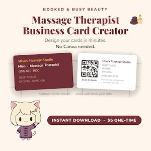 May include: A digital template for a massage therapist business card featuring two sample cards, one dark red and one white with a QR code. Text includes Booked & Busy Beauty, Massage Therapist Business Card Creator, and Miso's Massage Studio.