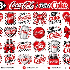 May include: A digital collection of 28+ Coca-Cola and Diet Coke graphic designs featuring red and white logos, soda cans, bottles, hearts, bows, and checkered patterns with text like Sip Coke Repeat and Life is Better with Coke.