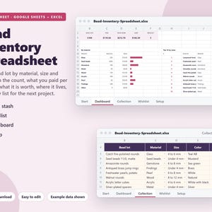 Puede incluir: Una hoja de cálculo digital de inventario de cuentas para Google Sheets y Excel. La interfaz muestra un panel con gráficos de datos y una pestaña de colección que enumera lotes de cuentas por material, tamaño, color y cantidad. Incluye etiquetas de texto para stash, wishlist, dashboard y setup.
