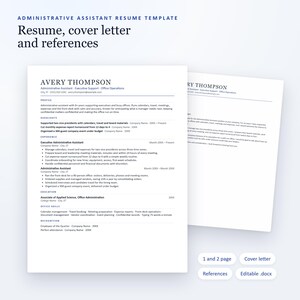Administrative Assistant Resume Template with Cover Letter and References, Office Admin Resume, 1 and 2 Page, ATS Friendly, Editable