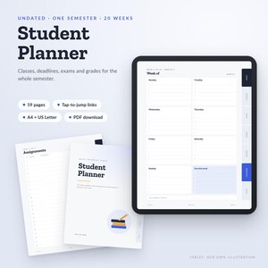 Student Planner Printable, Undated Semester Planner for College and High School, Assignment Tracker, Class Schedule, Hyperlinked PDF