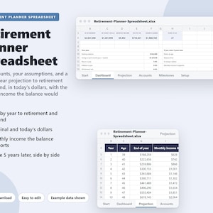 Könnte beinhalten: Eine digitale Rentenplanungs-Tabelle mit Dashboard- und Projektions-Tab. Die Benutzeroberfläche zeigt Finanzdaten, jährliche Prognosen und Kennzahlen zur Altersvorsorge. Text beinhaltet Retirement Planner Spreadsheet, Dashboard und Projection.
