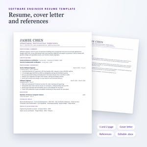 Software Engineer Resume Template with Cover Letter and References, 1 and 2 Page Developer Resume, ATS Friendly, Editable Download