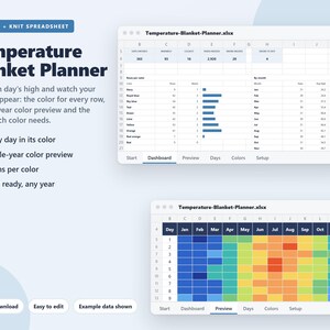 May include: A digital spreadsheet tool titled Temperature Blanket Planner for crochet and knitting projects. It features a dashboard with data tables, charts, and a color-coded preview grid showing daily temperature-based color assignments.