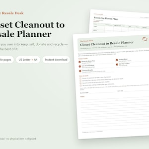 Op de afbeelding: Een digitale Closet Cleanout to Resale Planner met 6 printbare pagina's in US Letter en A4-formaat. Het document bevat een kamer-voor-kamer plan, sorteerblad, een gids om verkoopwaarde te bepalen, een verkooptracker en resultaten voor opruimen.