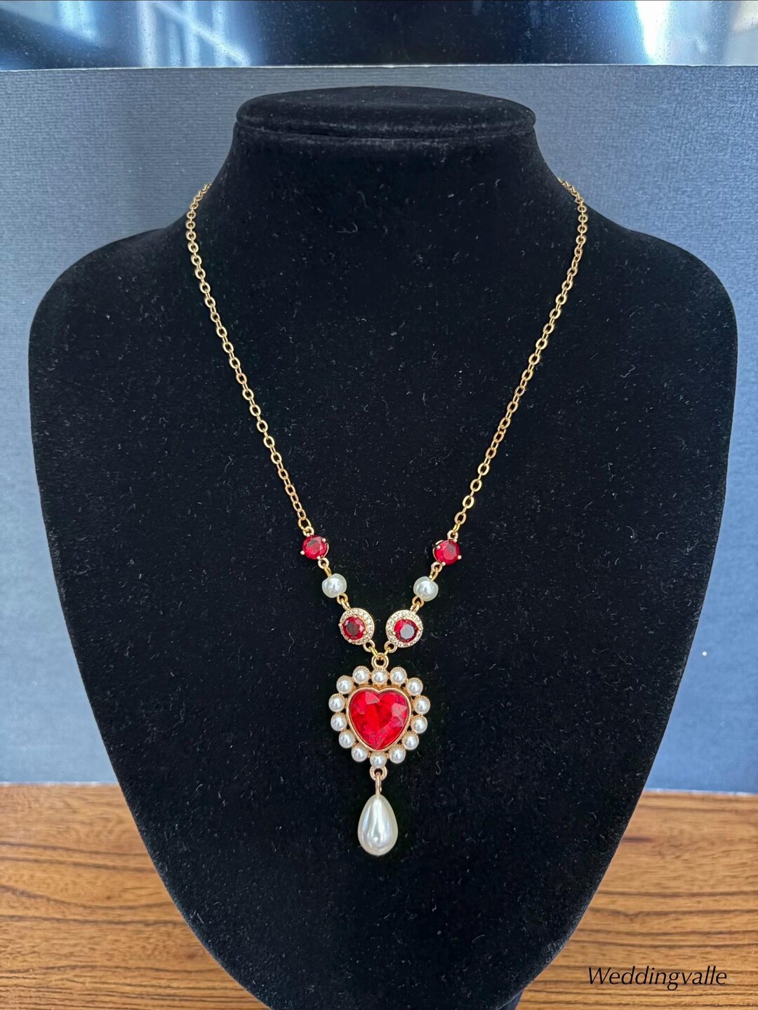 Ruby Heart Necklace, Gold Pearl Necklace, Burgundy Jewelry