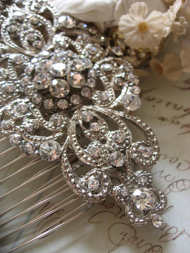 Wedding hair comb, bridal hair comb, Victorian hair comb, silver vintage hair accessory, bridal hair piece, crystal wedding, wedding hair image 3