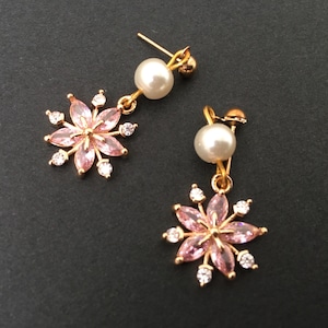 Pearl earrings, pink crystal earrings, star earrings, cz jewelry, vintage wedding, pink stone earrings, celestial pearl earrings