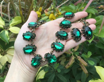 Emerald green bridal necklace, green jewelry set, statement necklace, emerald bridal, green crystal vintage necklace set, birthstone jewelry