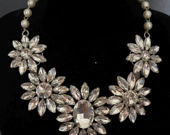 SALE - Crystal Flower Pearl Bridal Necklace, Rhinestone Wedding Jewelry, Girly Princess Jewelry, Prom Necklace, Wedding Jewellery