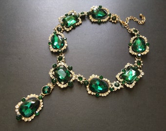 Victorian green crystal necklace, wedding bride necklace, wedding jewelry, bridal necklace, rhinestone necklace, jewelry for bride, evening
